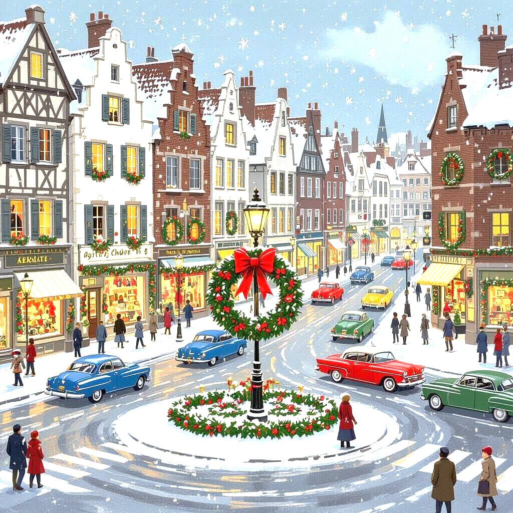Illustrated snowy town square with Christmas wreath, vintage cars, and festive buildings