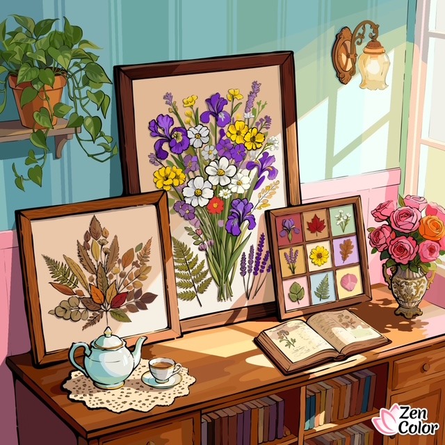 Illustrated cozy room with framed botanical prints, pink roses in a vase, teapot, and open book on a bookshelf