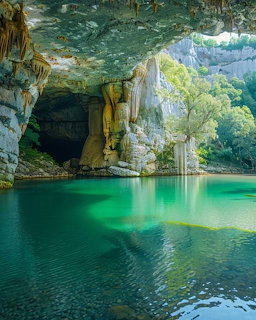 Turquoise lake inside a cave with rocky cliffs and green trees in sunlight