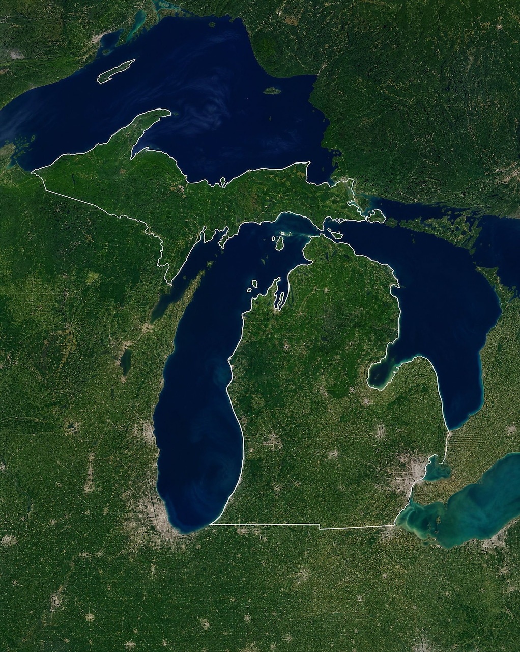 Satellite image of Michigan state with Great Lakes and surrounding landscape from above