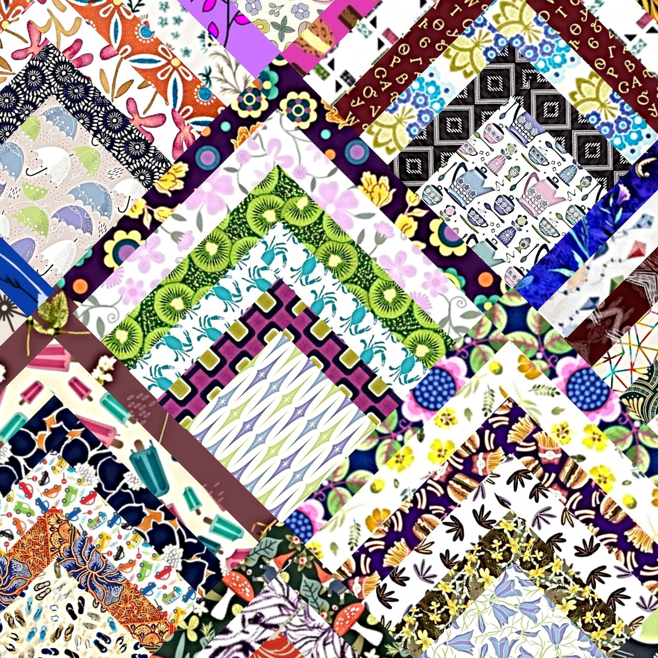 Colorful diagonal patchwork quilt with floral and geometric fabric squares separated by black and white borders