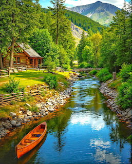 Log cabin next to a clear mountain stream with an orange canoe on the bank, green forest and mountain backdrop