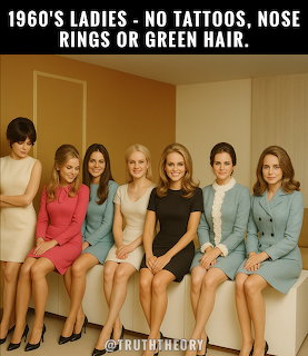Seven women in vintage-style dresses seated indoors with a caption above them
