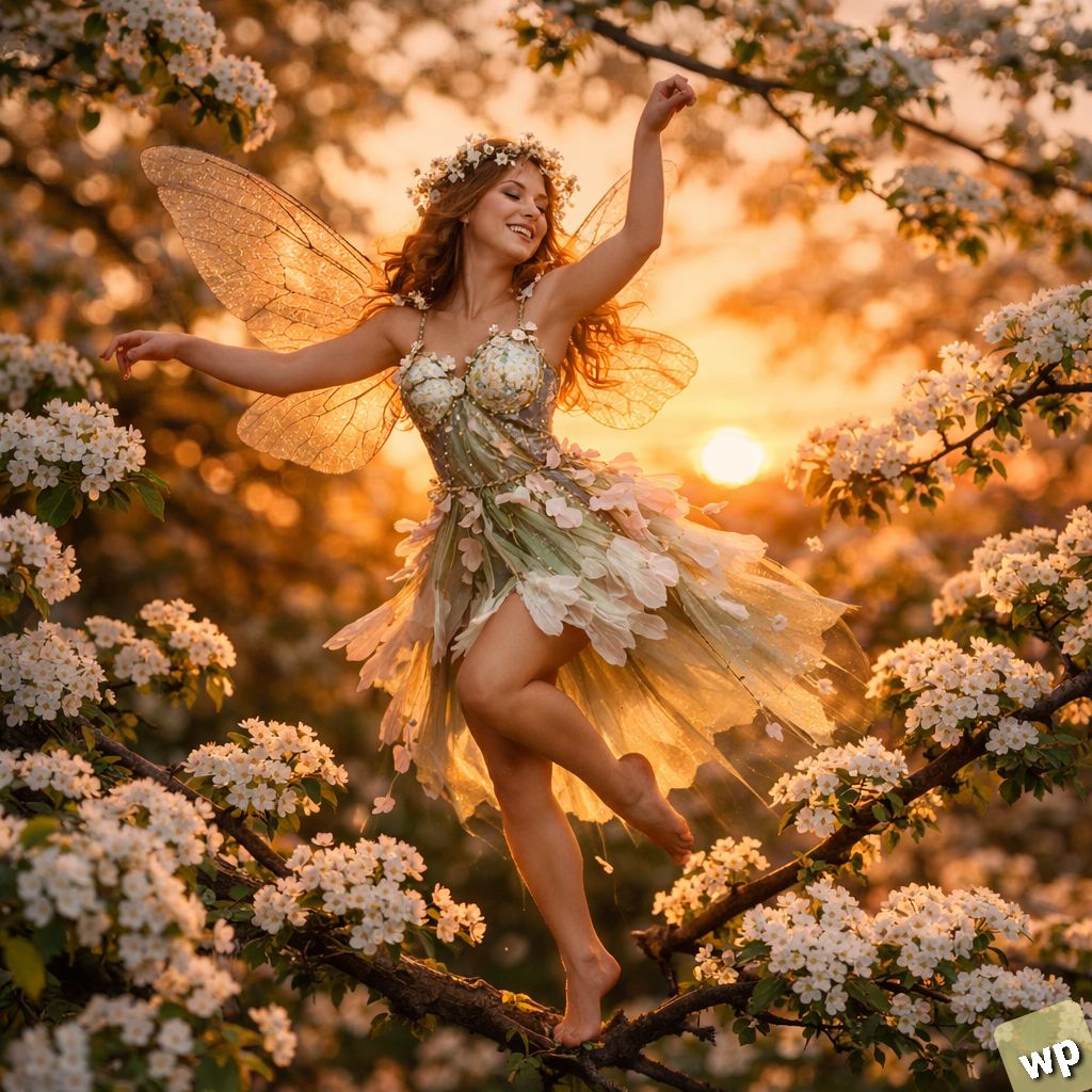 Fairy woman with wings standing on blossoming tree branches at sunset