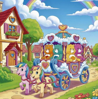 Care Bears riding in ornate carriage with ponies and rainbow in background