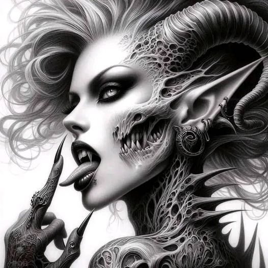 Black-and-white fantasy portrait of a horned woman with pointed ears, claws, and skeletal facial details
