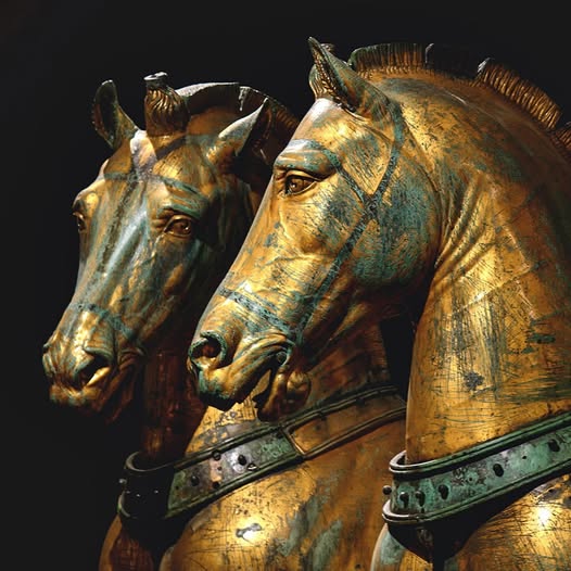 Two gilded bronze horse statues in close-up against a black background