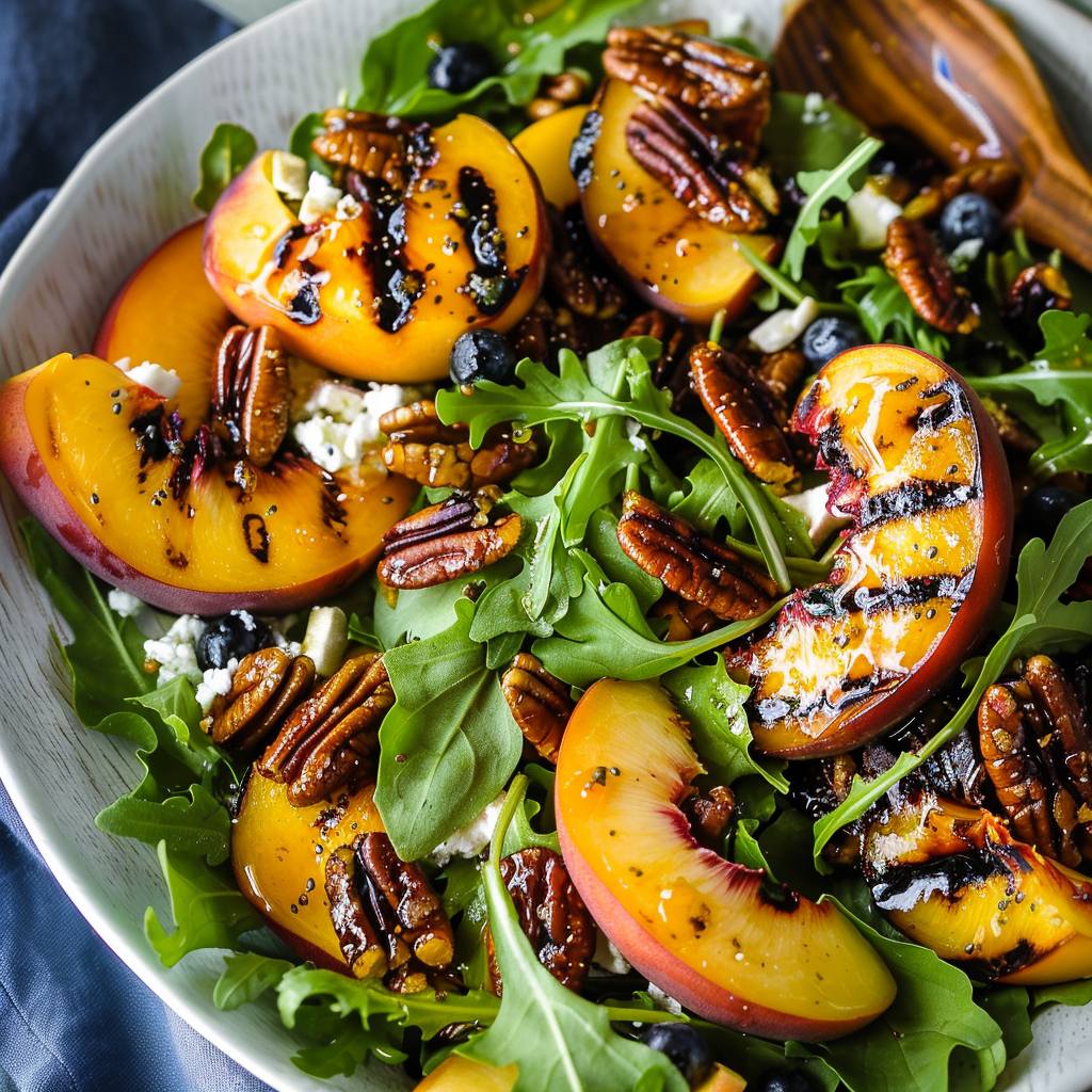 Bowl of arugula salad with grilled peaches, pecans, cheese, and balsamic drizzle