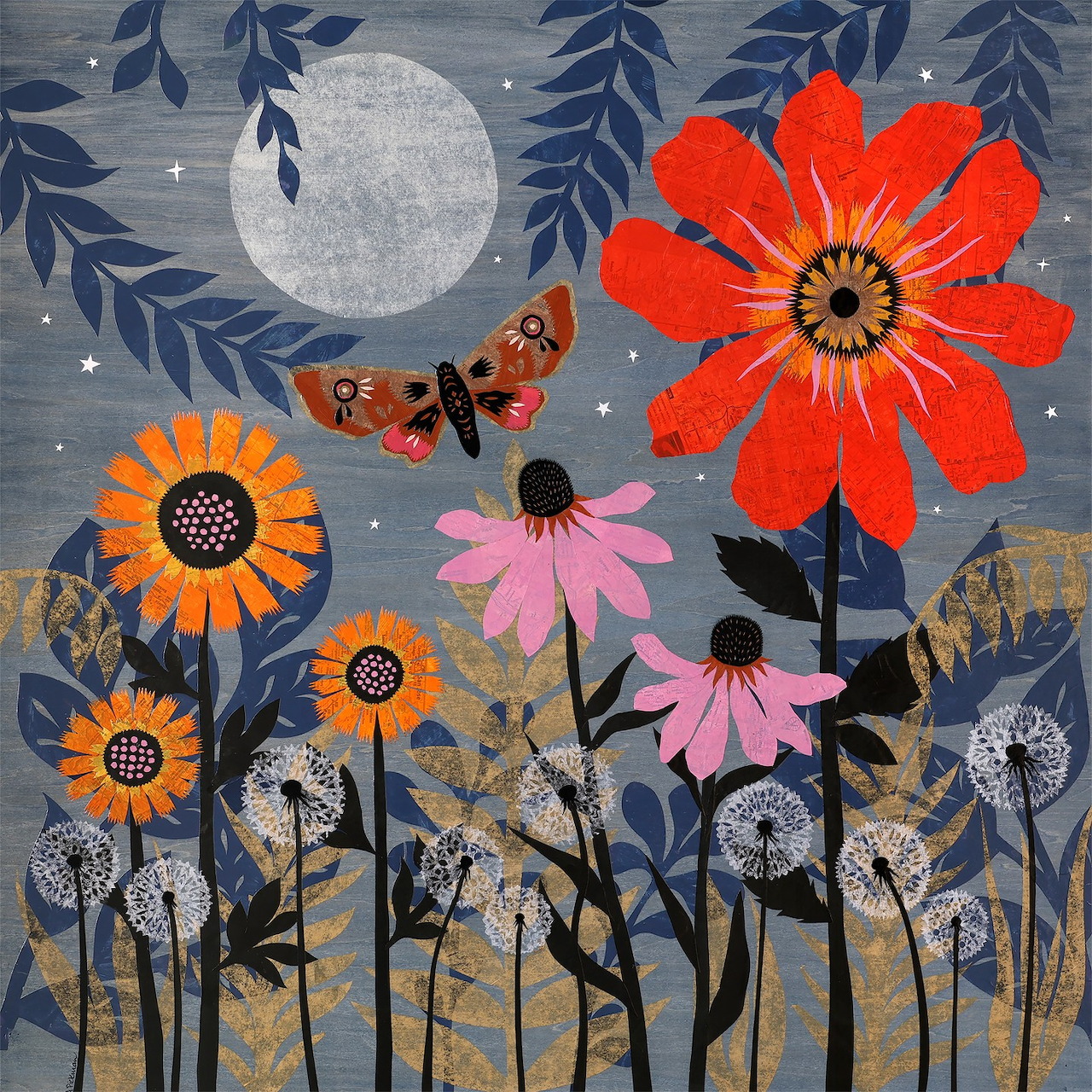 Folk art garden scene with orange flower, butterfly, and full moon against textured blue-gray sky