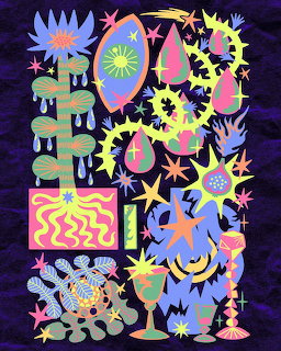 Colorful abstract collage with geometric shapes, flowers, and patterns on dark blue background