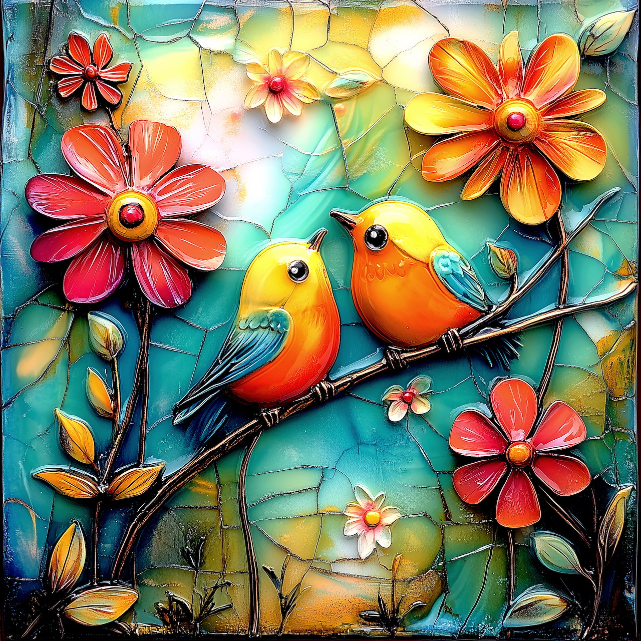 Two yellow and orange birds on a branch with colorful paper-cut style flowers in red, orange and pink