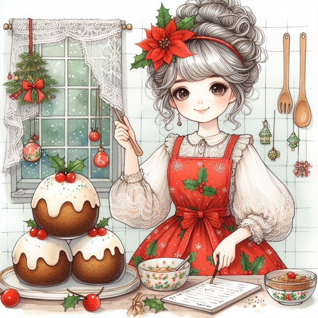 Anime girl in red apron baking Christmas puddings with festive decorations
