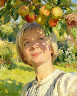 Impressionist painting of smiling blonde girl in white dress under apple tree with fruit