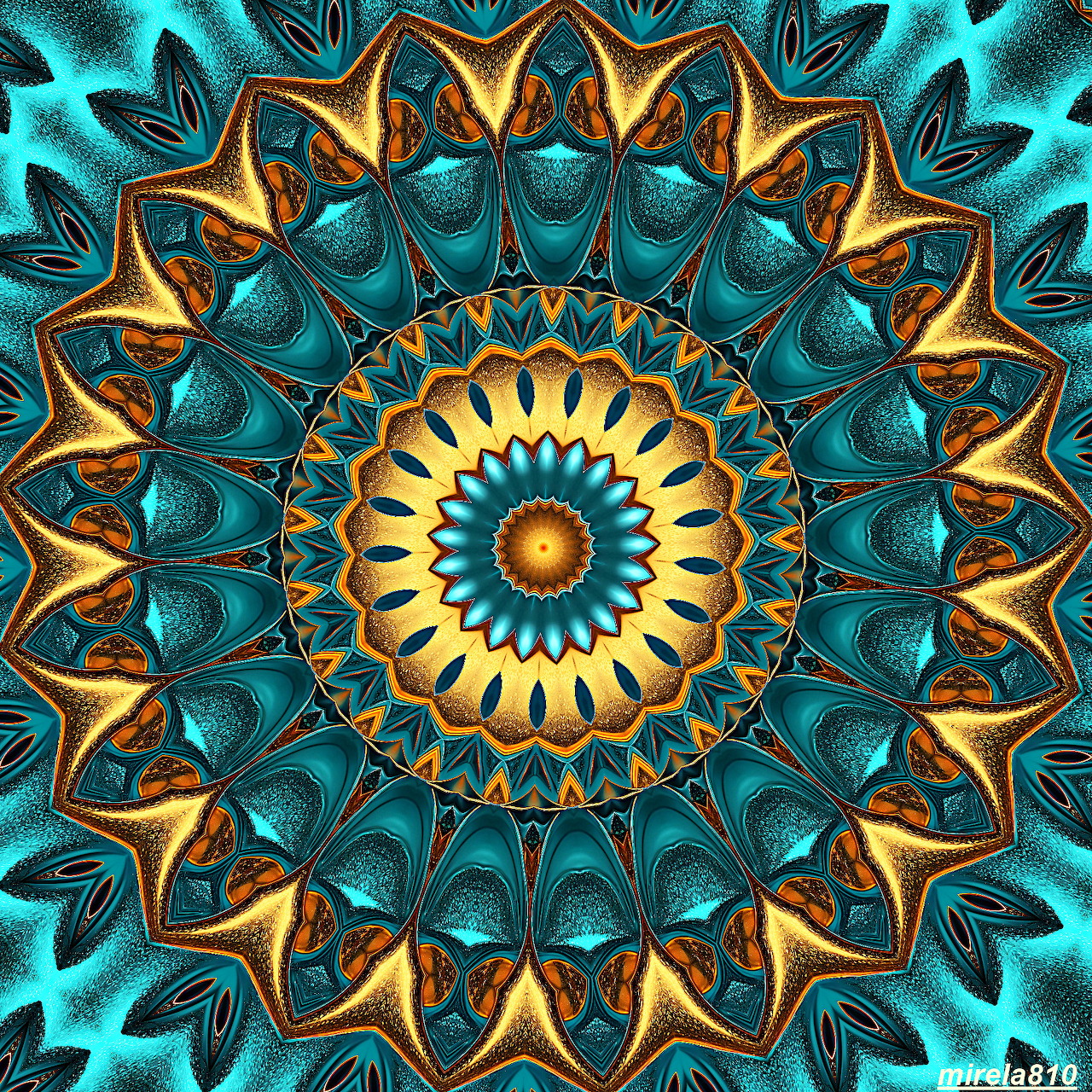 Symmetrical mandala with turquoise and gold geometric patterns radiating from an orange center