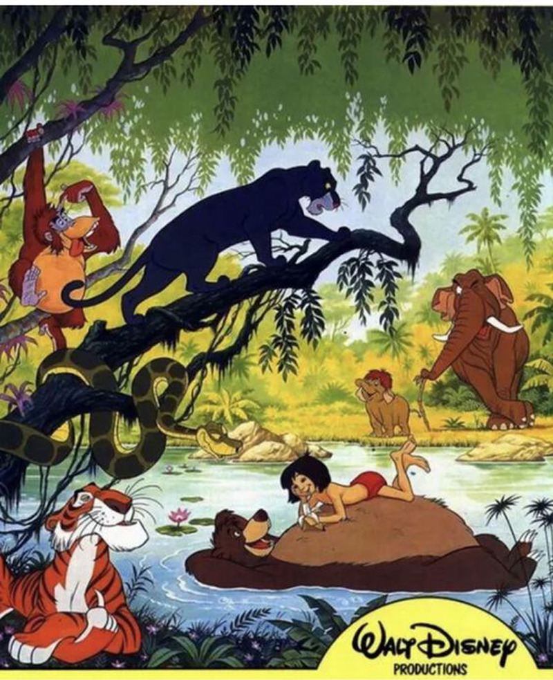 Disney's Jungle Book characters including Mowgli, Baloo, Bagheera, and other animals gathered in a lush jungle setting