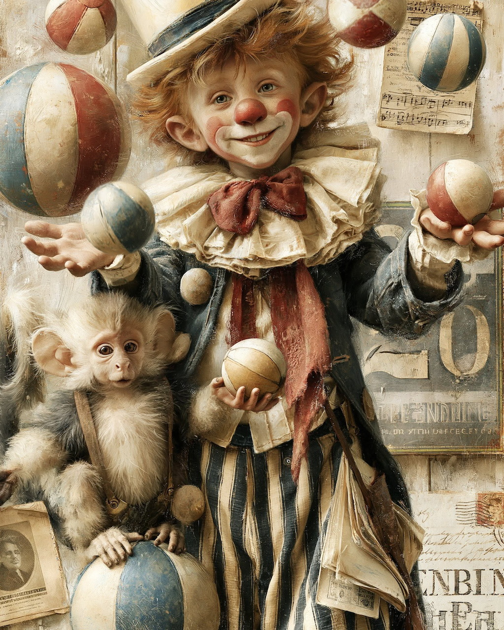 Vintage-style painting of a clown child juggling balls with a small monkey beside them