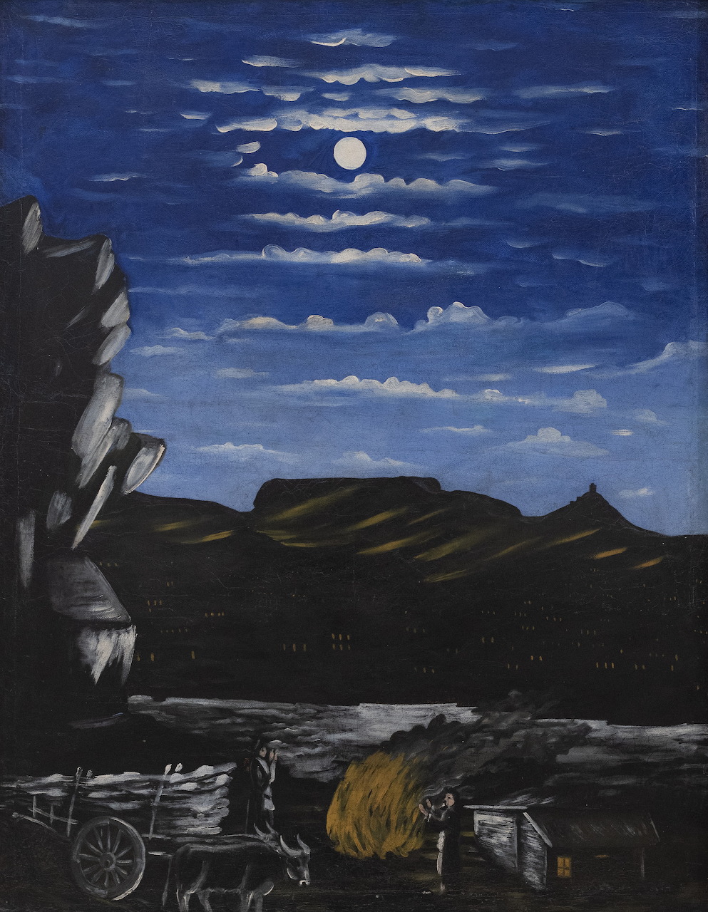 Dark naive painting of a moonlit night scene with hills, a cart, and a small campfire