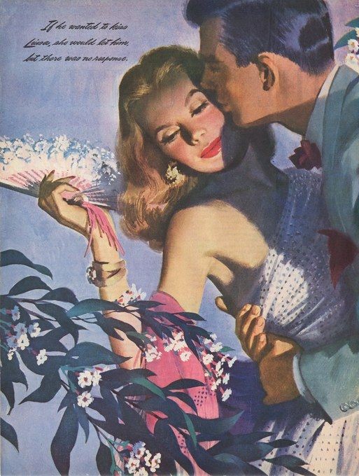 Vintage illustration of a man kissing a smiling woman holding flowers
