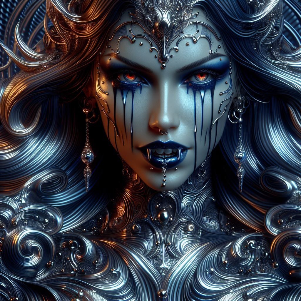 Fantasy portrait of woman with ornate silver headpiece, dark makeup with black tears, and swirling metallic blue hair