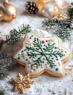Star cookie with green snowflake design among Christmas decorations and pine branches