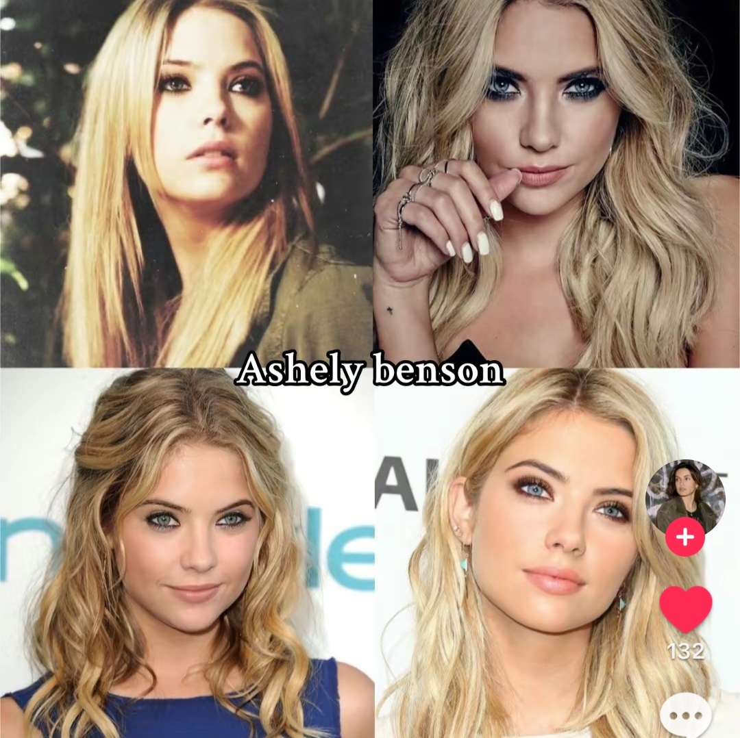 Four-photo collage of actress Ashley Benson in close-up portrait shots
