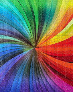 Abstract rainbow spiral with curved lines radiating from a central point