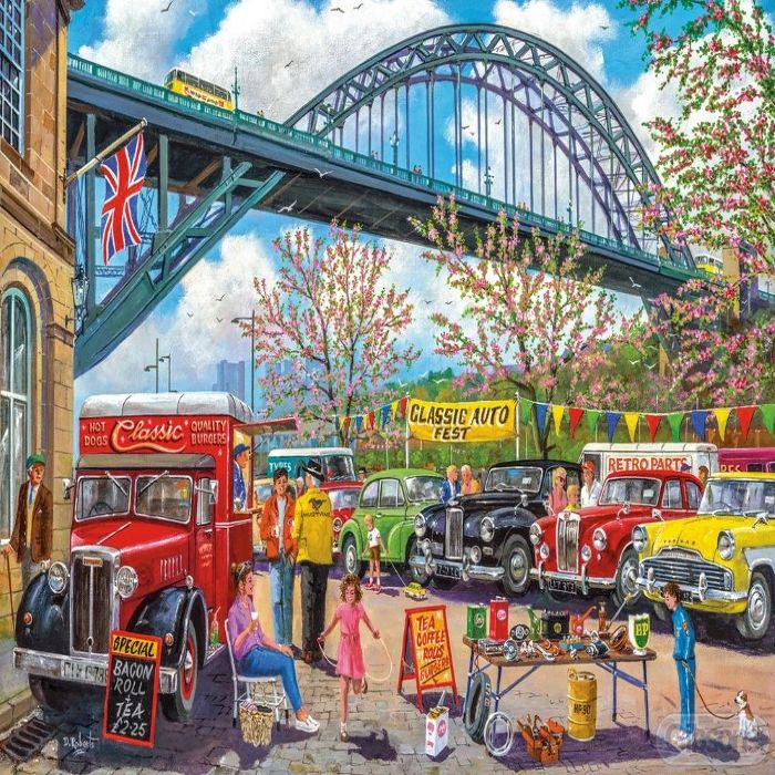 Illustrated Newcastle street market with vintage cars and Tyne Bridge under blue sky with clouds