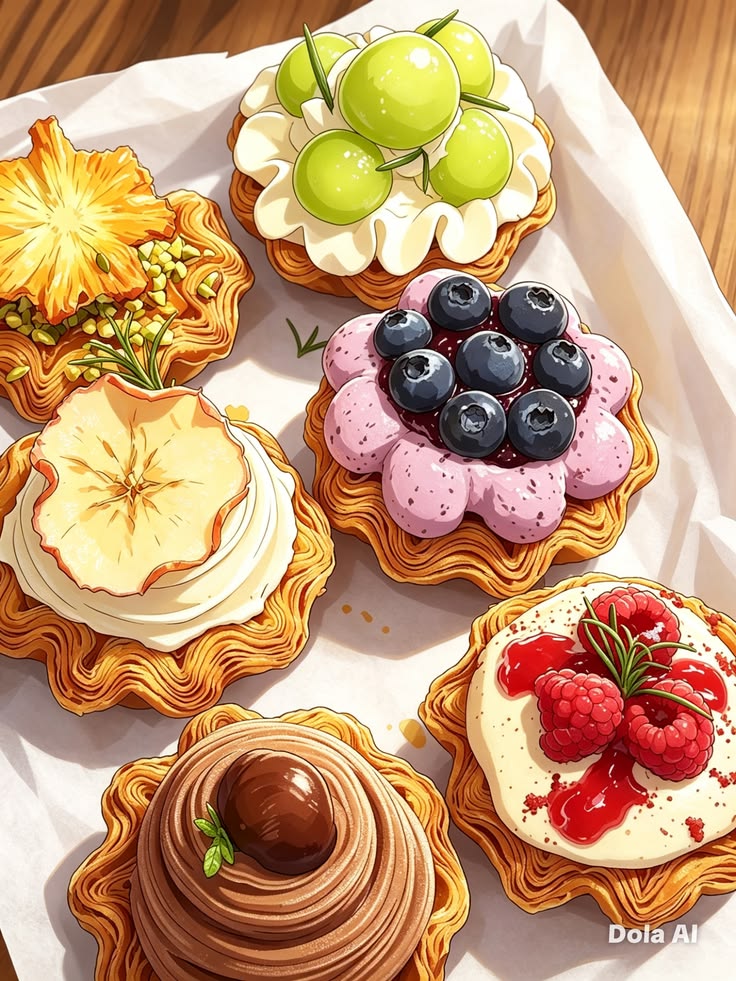 Illustration of five ornate pastries topped with fruit, cream, berries, and chocolate.
