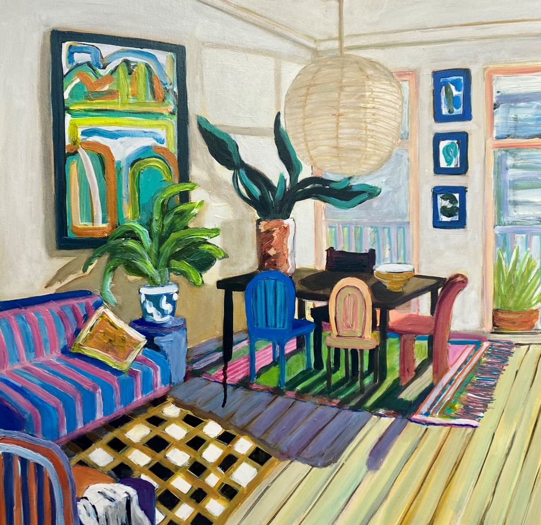 Illustrated living room with striped sofa, colorful art, checkered rug, dining table, and paper lantern