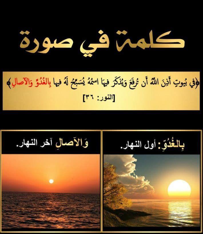 Arabic Islamic graphic with two photos of sunrise and sunset over water and Quranic verse text