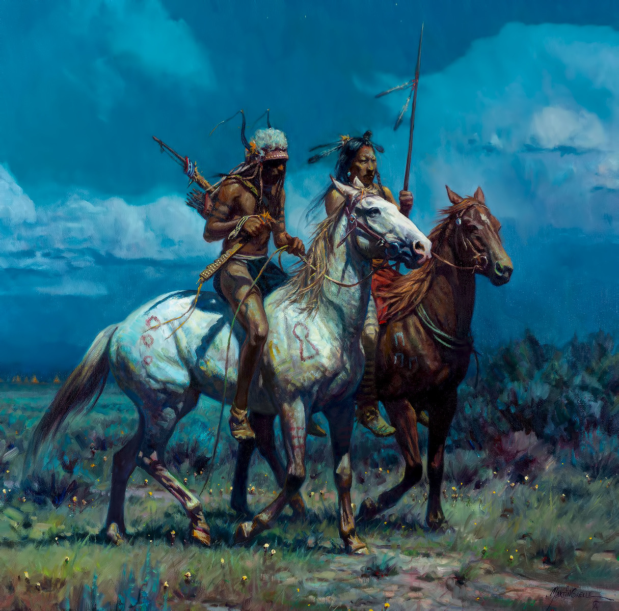 Painting of two Native American warriors riding white and brown horses across a grassy plain