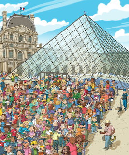 Cartoon illustration of a crowd of tourists in front of the Louvre glass pyramid in Paris