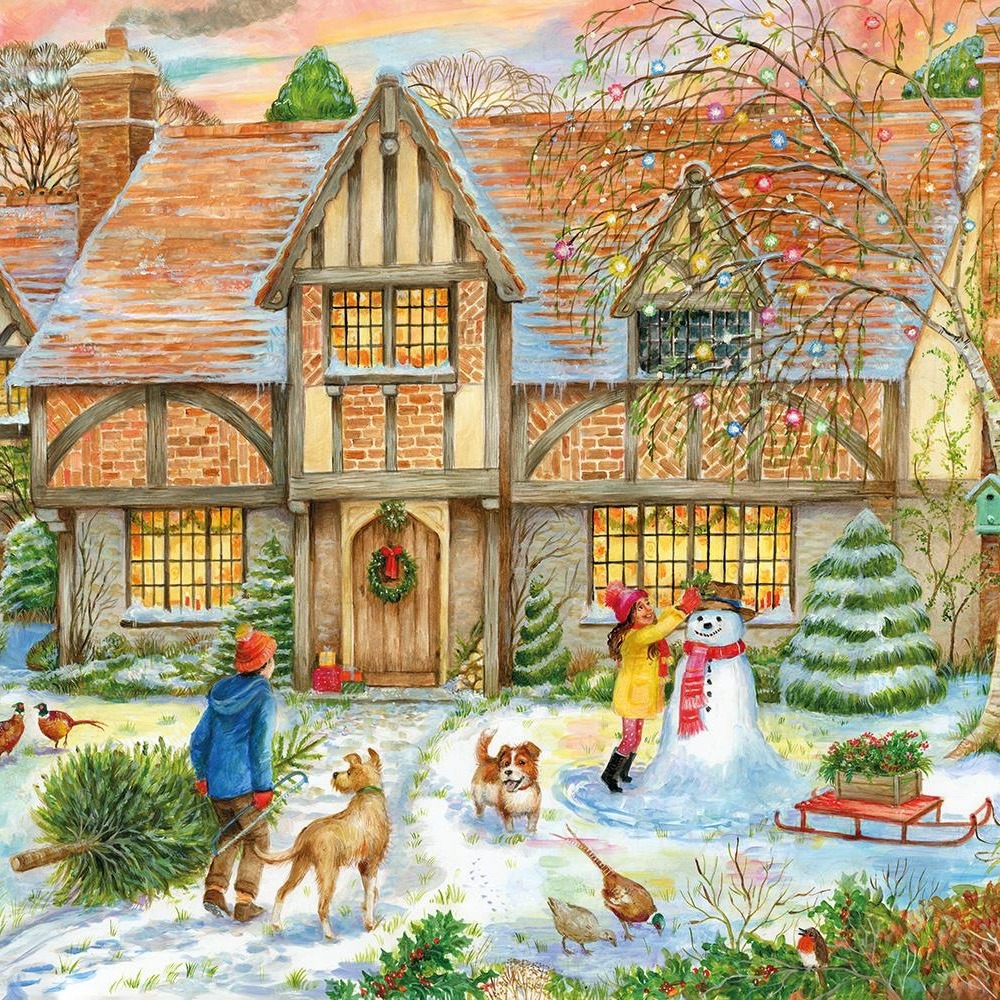 Cozy cottage in winter with children, snowman, dog, and chickens in snowy yard with Christmas decorations
