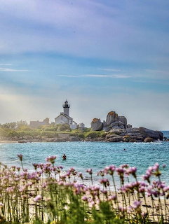 Lighthouse on rocky coast with turquoise water and pink flowers in foreground