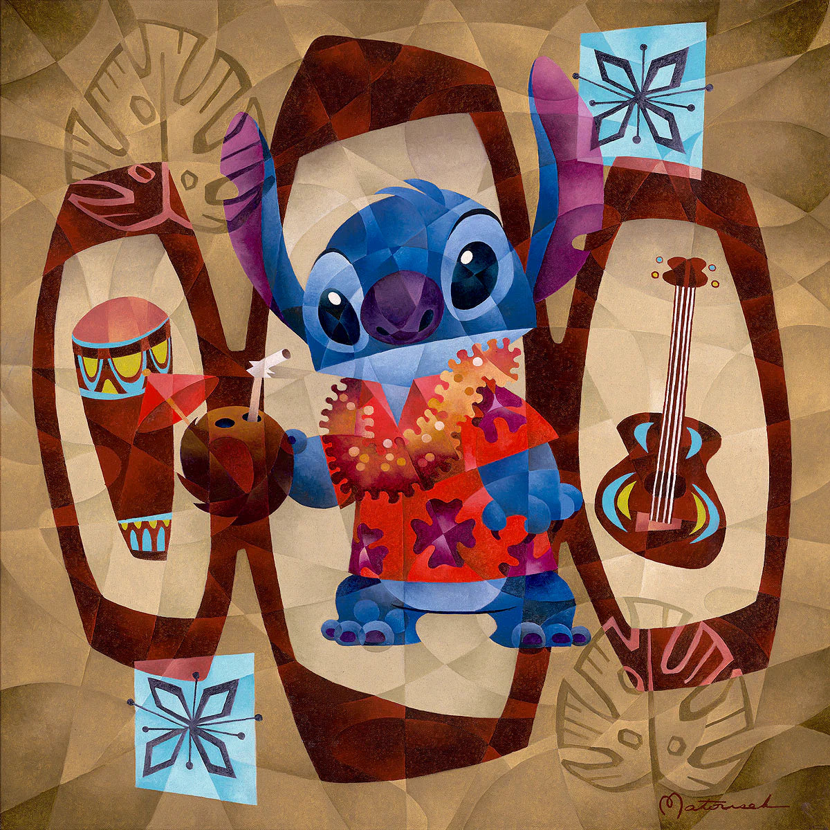 Stitch cartoon character wearing floral shirt with ukulele and tiki decorations