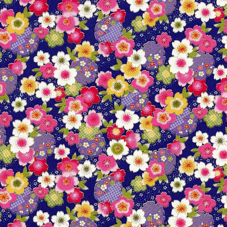 Colorful Japanese textile pattern with cherry blossoms, fans, and small white dots on deep blue background