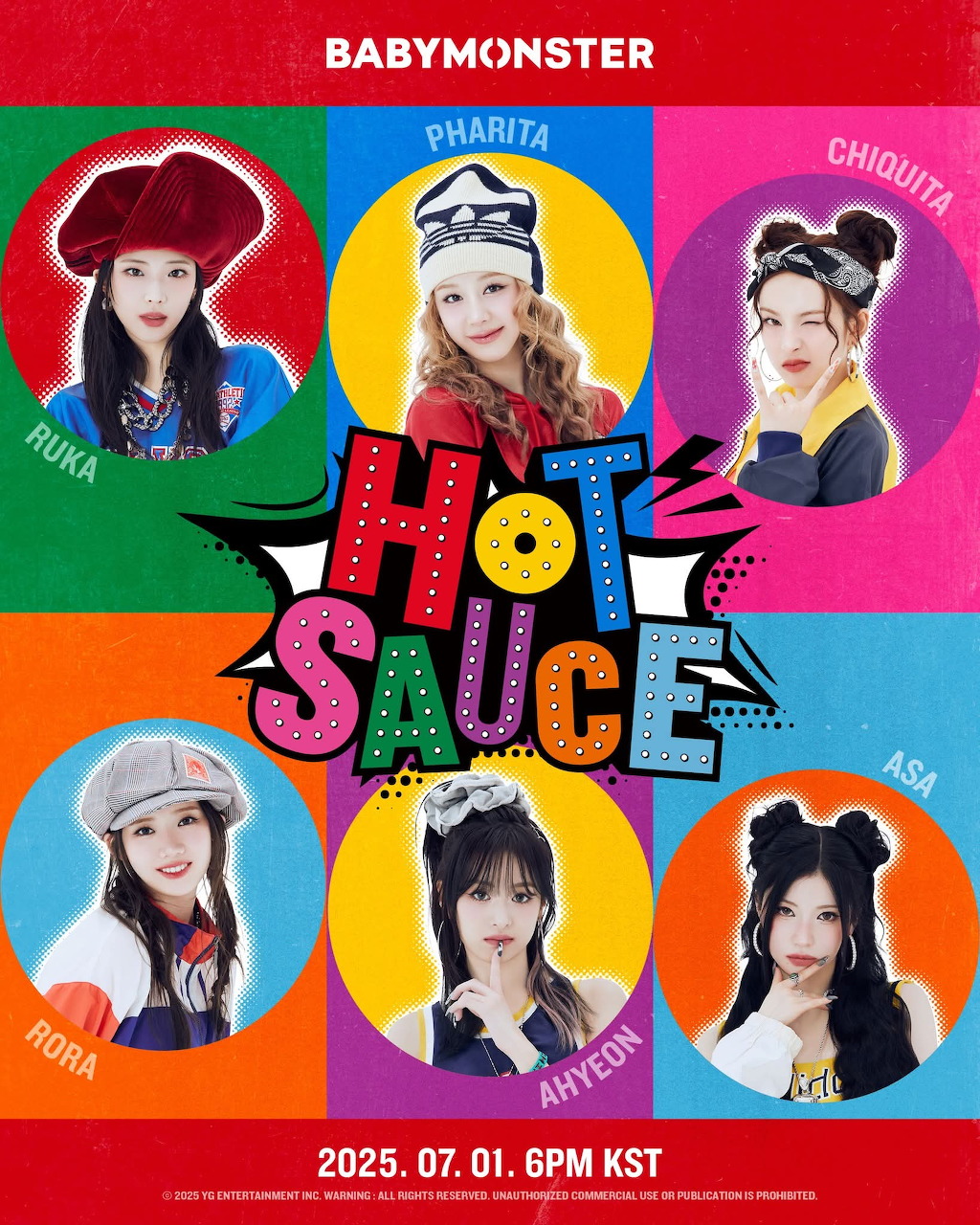 BABYMONSTER Hot Sauce 2025 group promotional poster with six members in colorful panel grid