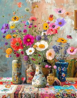 Colorful wildflower bouquet in ornate vases on patterned tablecloth