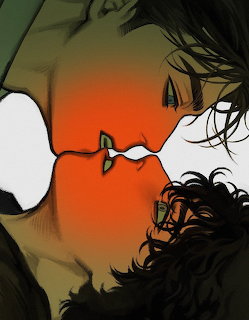Close-up anime illustration of two characters with green eyes facing each other about to kiss
