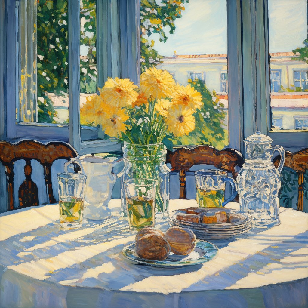 Impressionist painting of sunflowers in vase on table by window with blue curtains