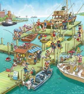 Illustrated harbor scene with docks, boats, people, and waterfront buildings
