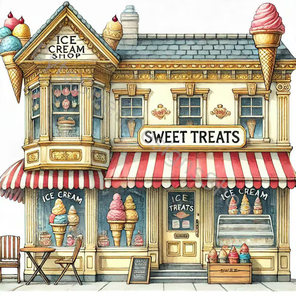 Illustrated vintage ice cream shop storefront with striped awnings and cone displays