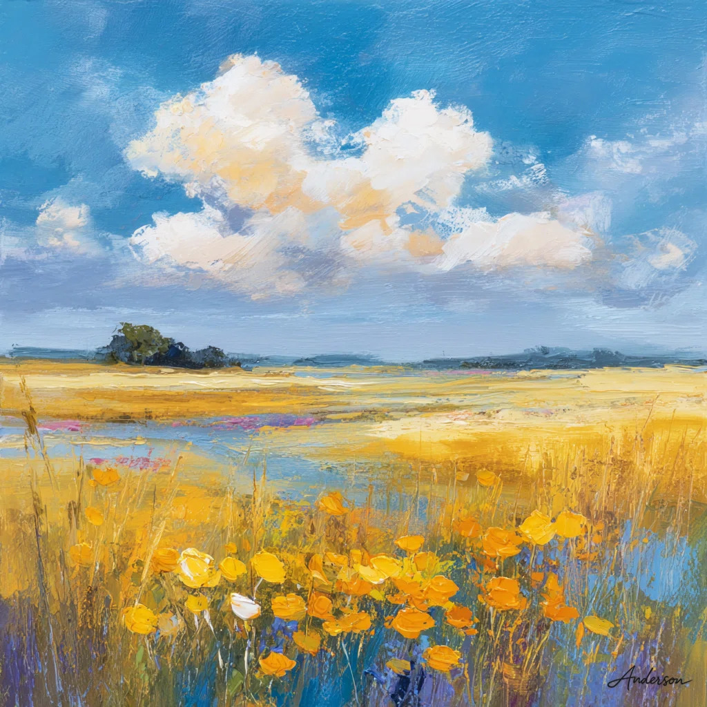 Impressionist painting of golden meadow with yellow wildflowers under cloudy blue sky