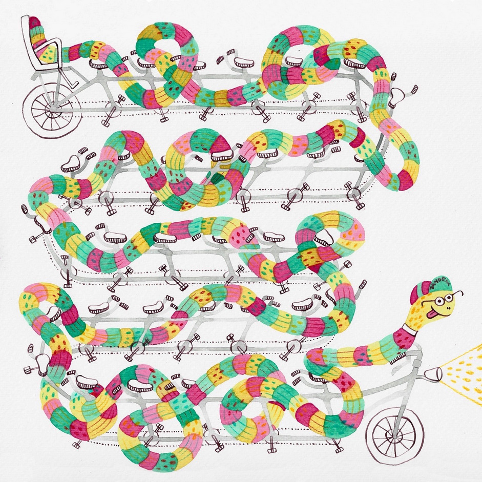 Colorful patchwork snake tangled through tandem bicycle frames in a playful illustration