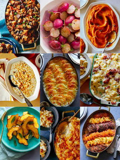 Overhead view of nine Thanksgiving side dishes arranged in a grid on a wooden table