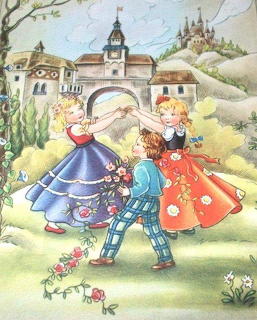 Colorful vintage illustration of three children holding hands dancing near a bridge and castle