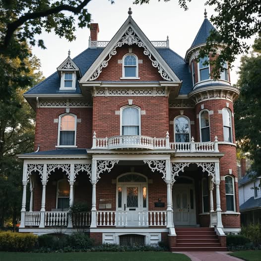 Red brick Victorian house with white ornamental porch and turret