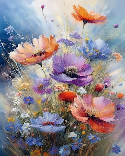 Painted wildflowers in pink, orange, purple, and blue with a soft dreamy background