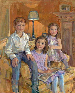 Painting of three children sitting together in a cozy room with a lamp and fireplace