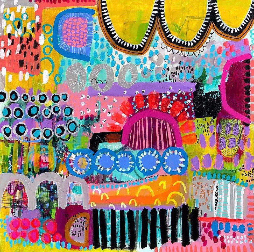 Colorful abstract collage with geometric patterns, dots, arches, and layered shapes in bright yellow, pink, blue, and magenta